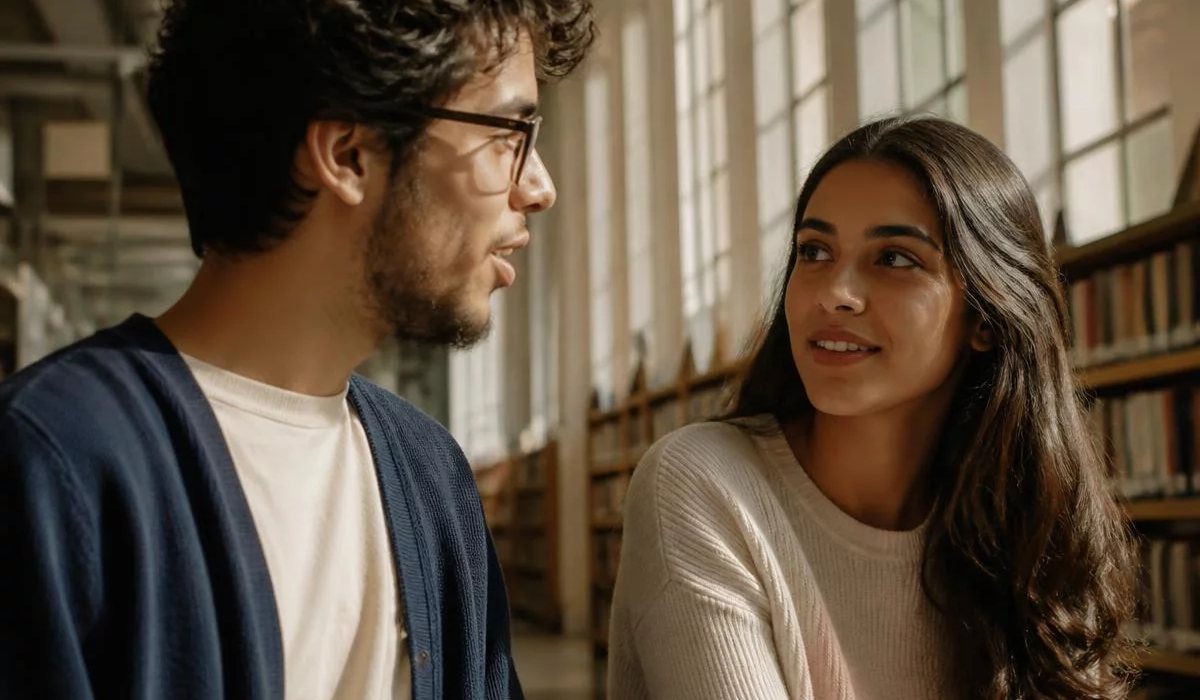 Pessoas conversando de pé junto às estantes antes de o encontro abrir